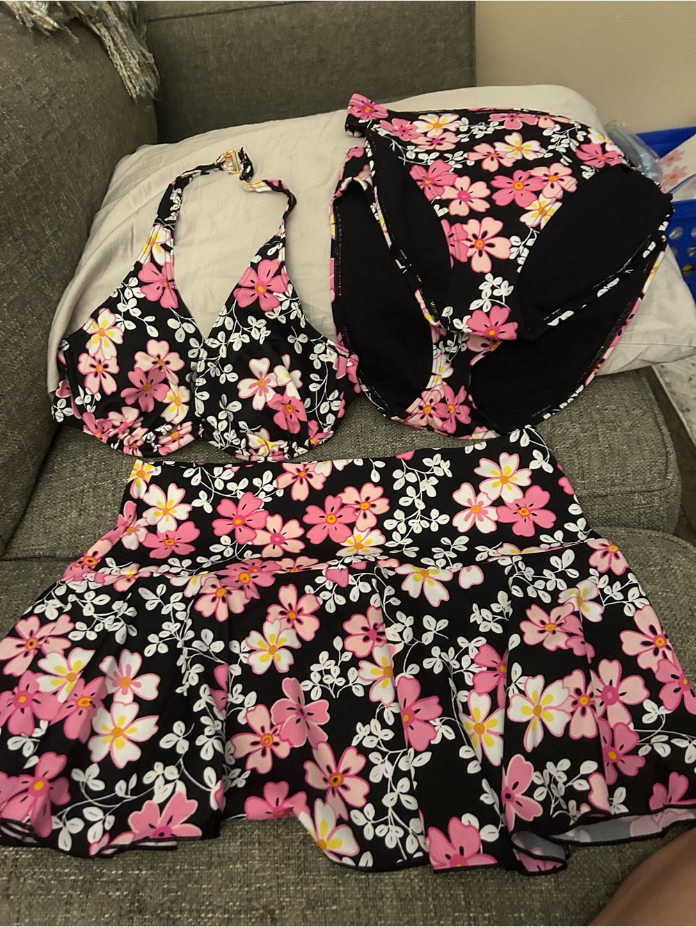 Victoria's Secret Black Halter Bikini Set with Pink Floral Print. Top 34C.
